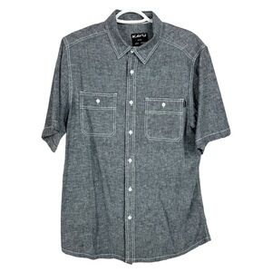 Kavu Men's Gray Heathered Black Cotton Linen Button Up Short Sleeve shirt M